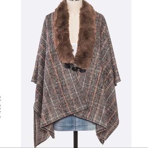 • Faux Fur Plaid Shawl Poncho •
